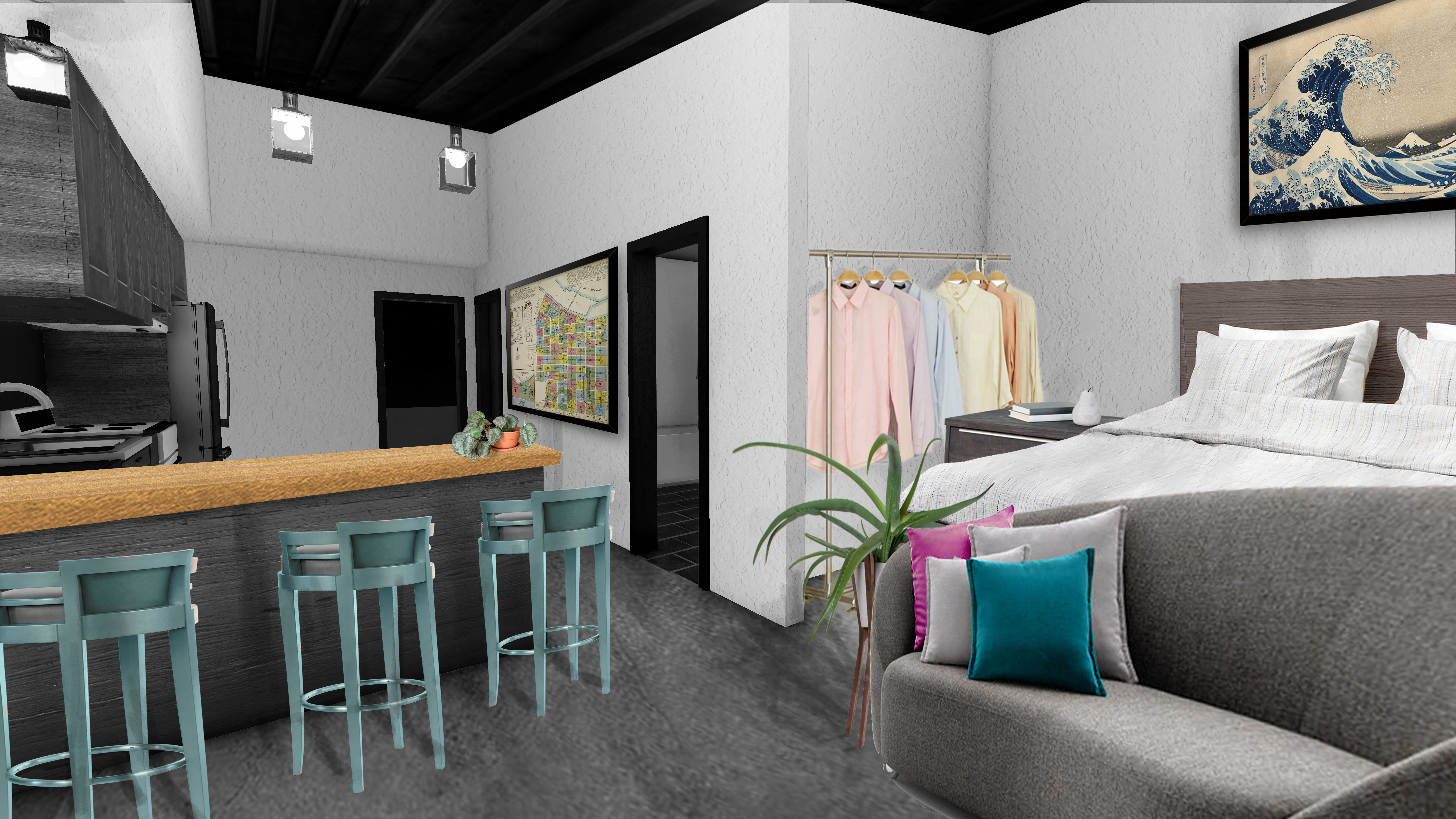 a rendering of a hotel room with a bed and a bar